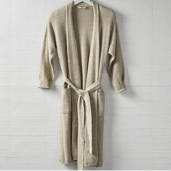 NEW Pottery Barn Cozy Thermal Sweater Robe Oatmeal Lounge Spa Organic Soft Bath